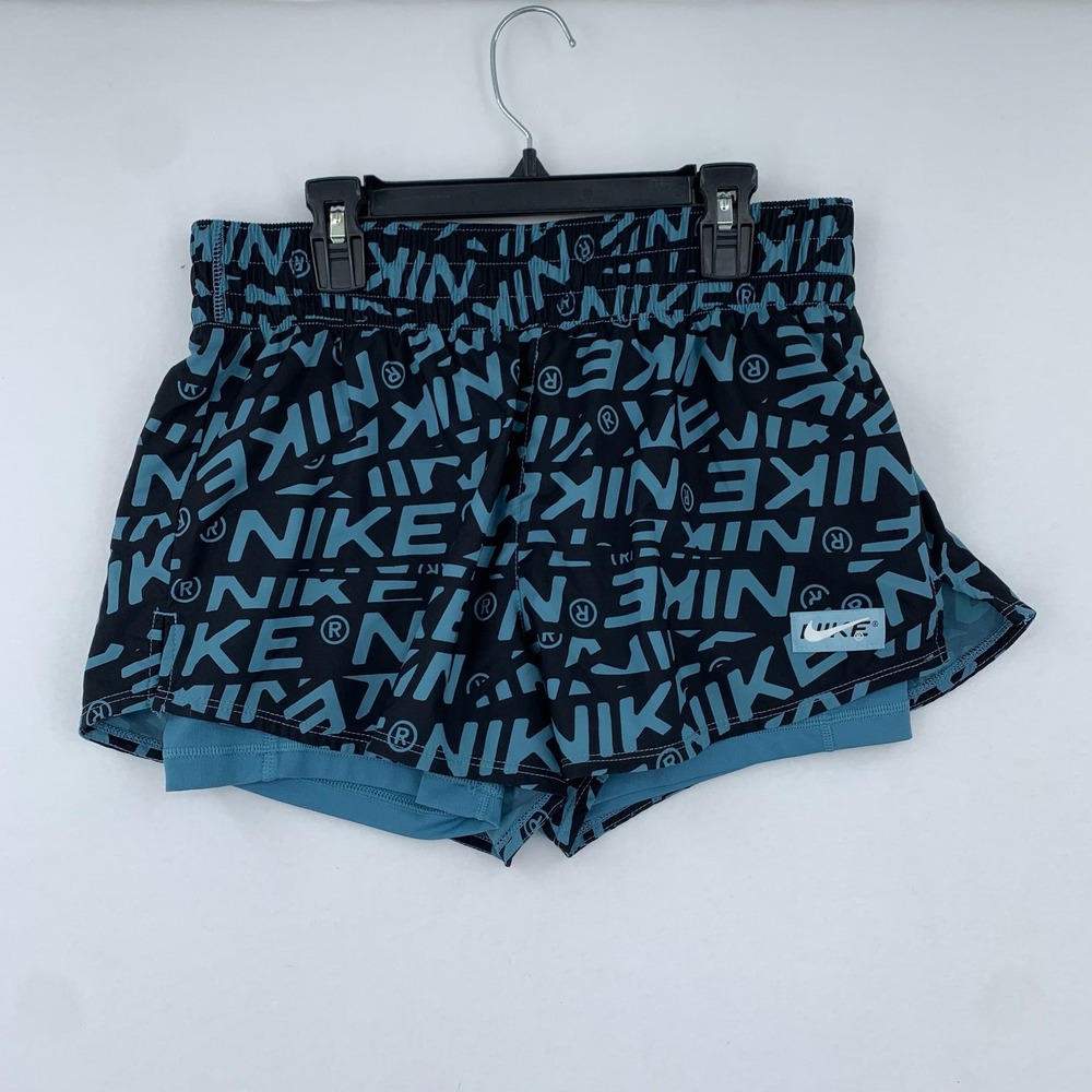 Nike Womens Dri-FIT Mid-Rise 2-in-1 Spellout Running Shorts Blue/Black Logo M